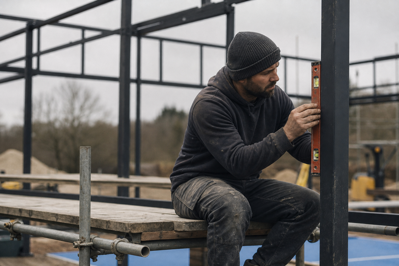 Contractor checking alignment on a padel court steel frame