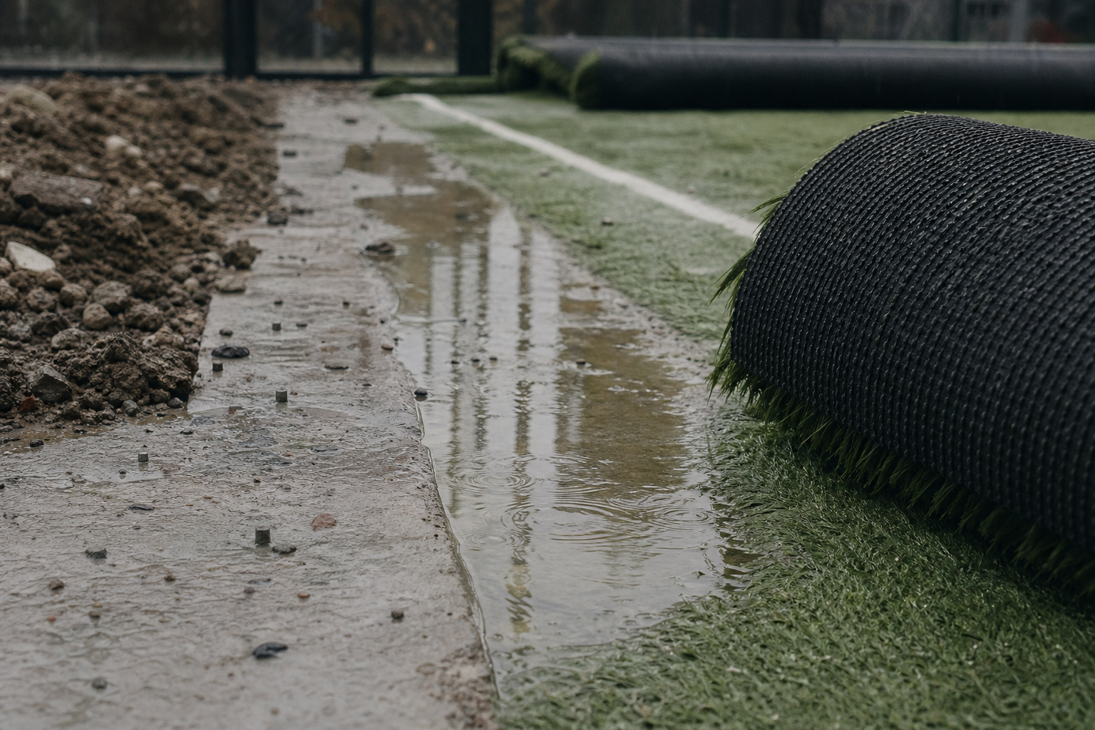 Water pooling on an unfinished padel court slab beside turf rolls