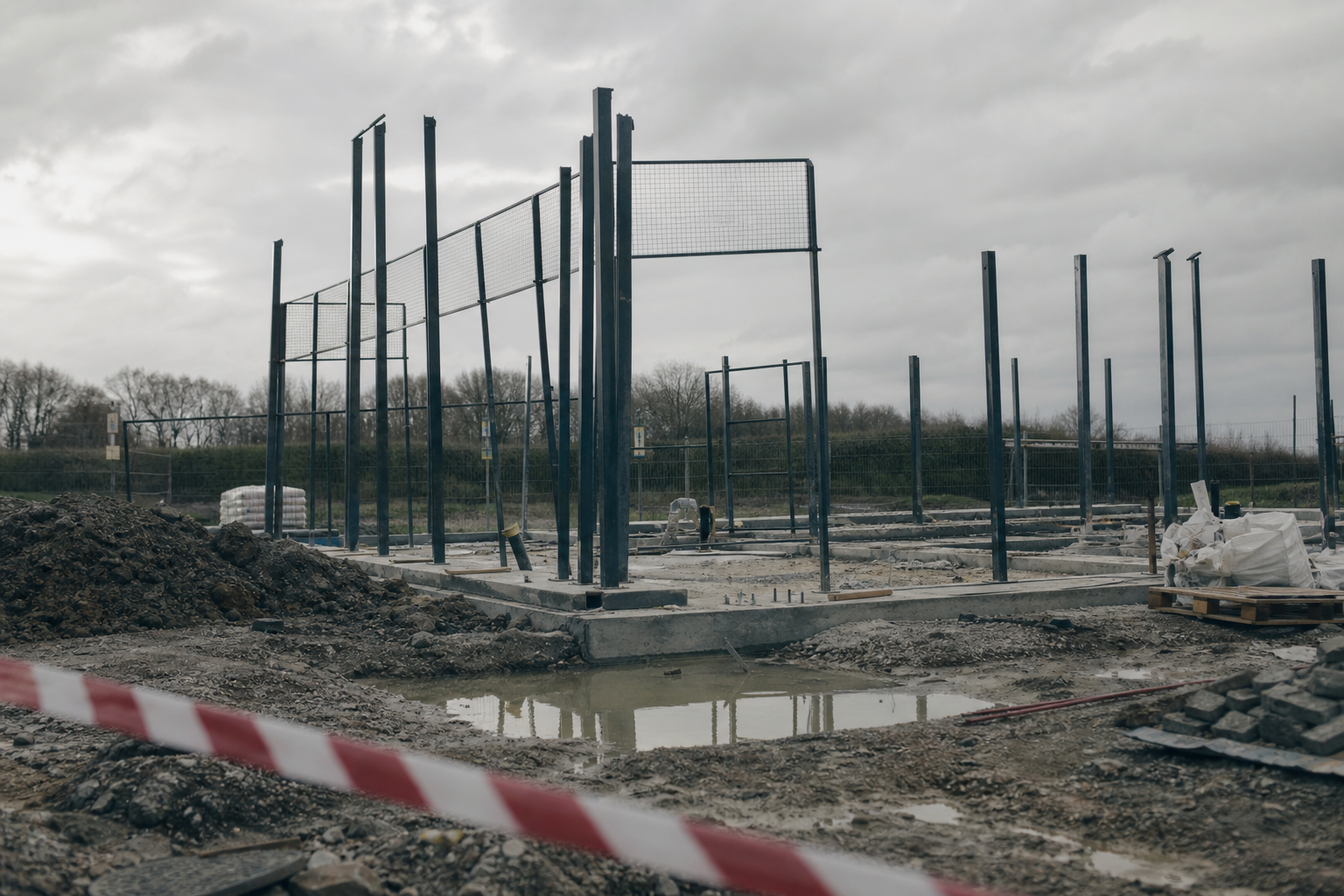 Problematic padel court construction site with uneven groundworks