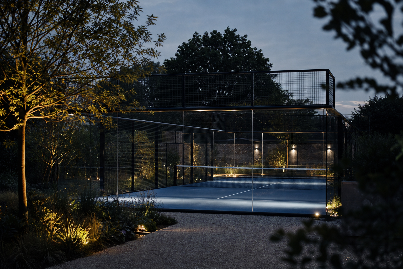 Garden padel court softly lit at blue hour
