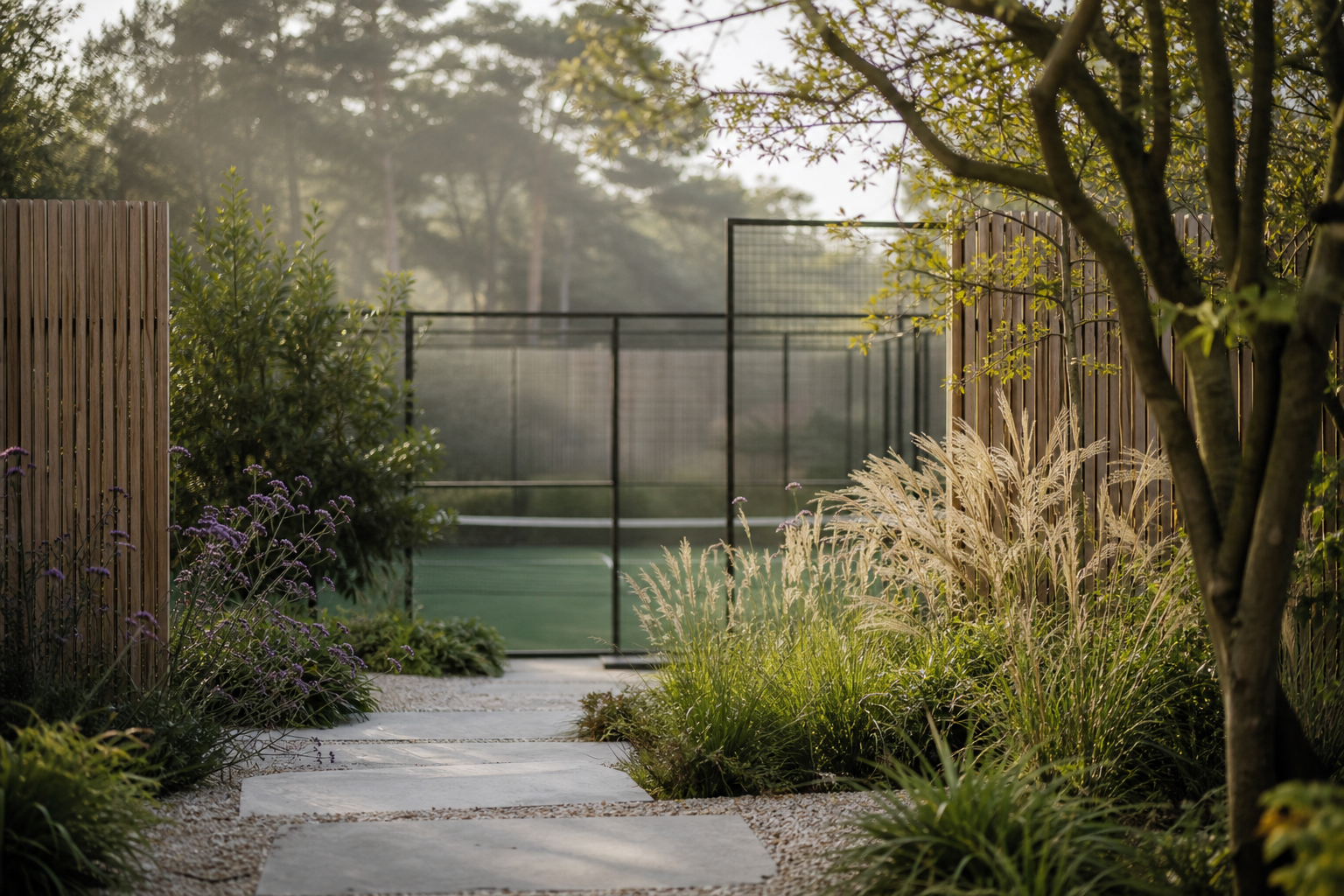 Landscaped garden path leading toward a private padel court