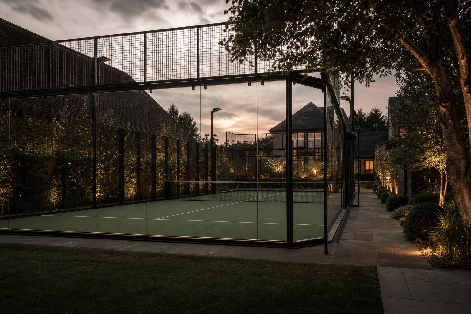 Residential garden padel court at dusk in the UK
