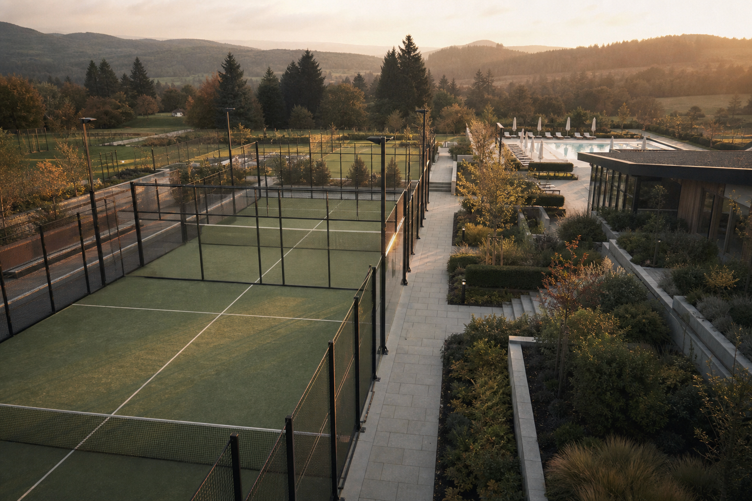 Hotel padel courts connected by landscaped paths to spa and leisure areas