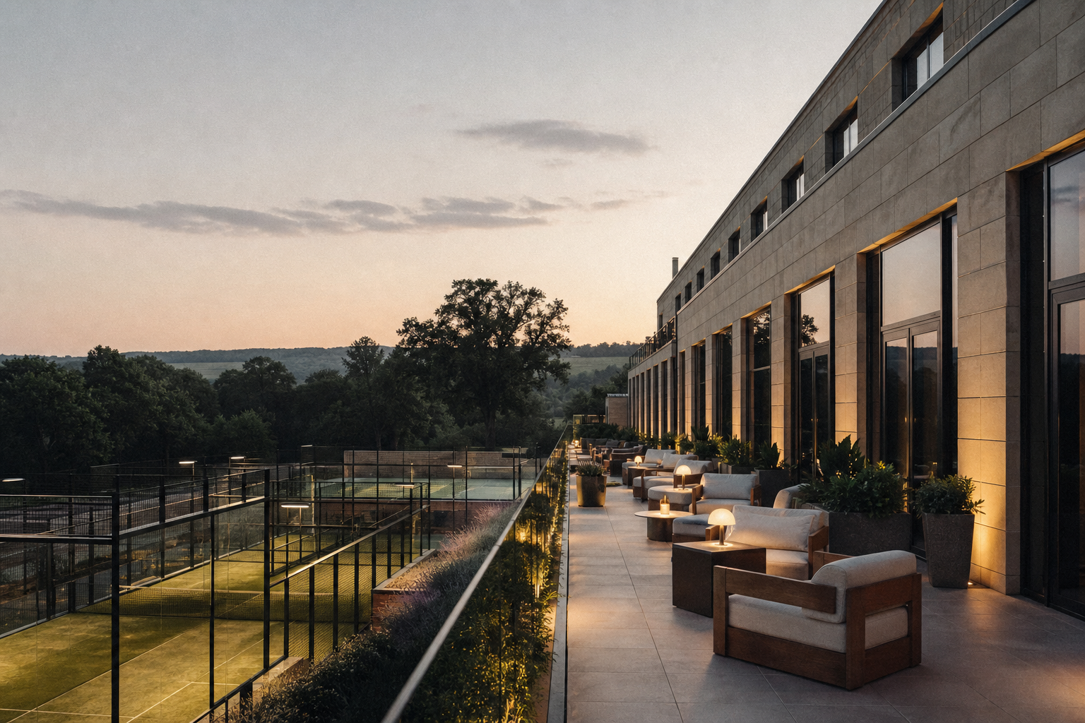 Boutique hotel leisure wing with outdoor padel courts and guest terrace at dusk