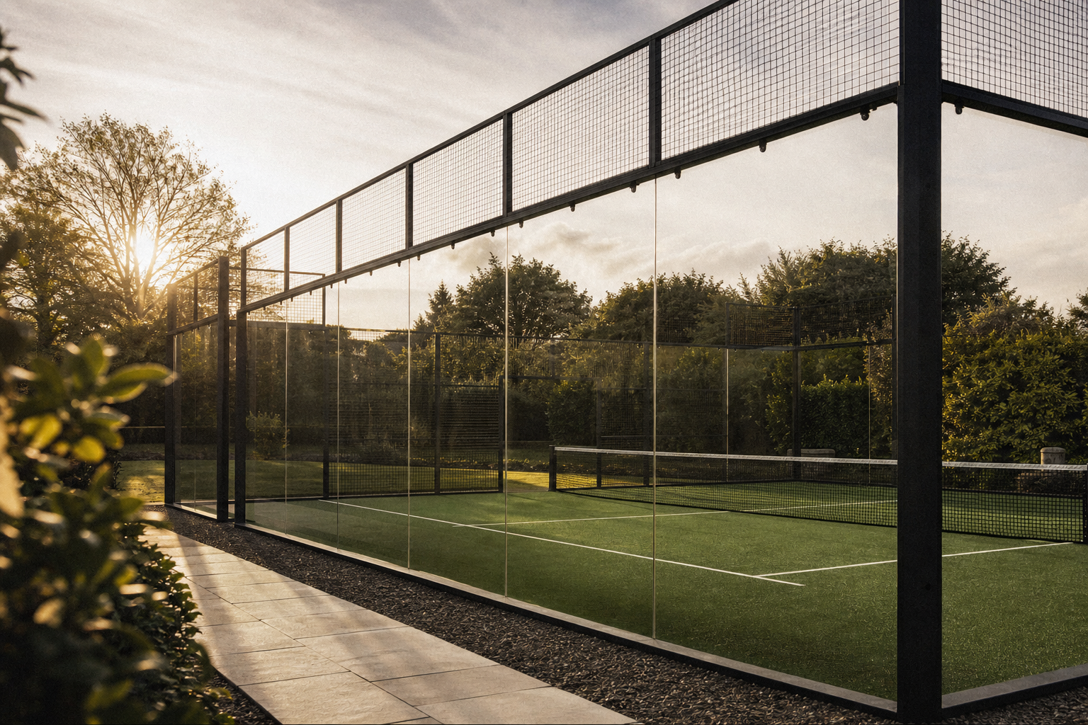 Completed outdoor padel court ready for play at golden hour