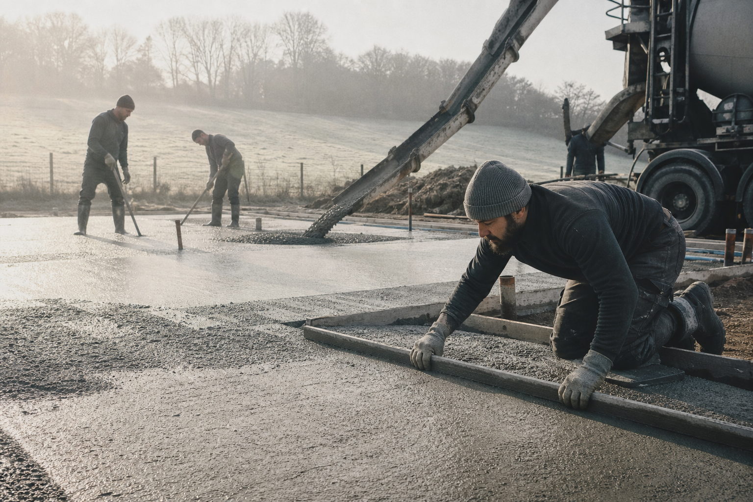 Builders pouring and levelling a padel court concrete foundation