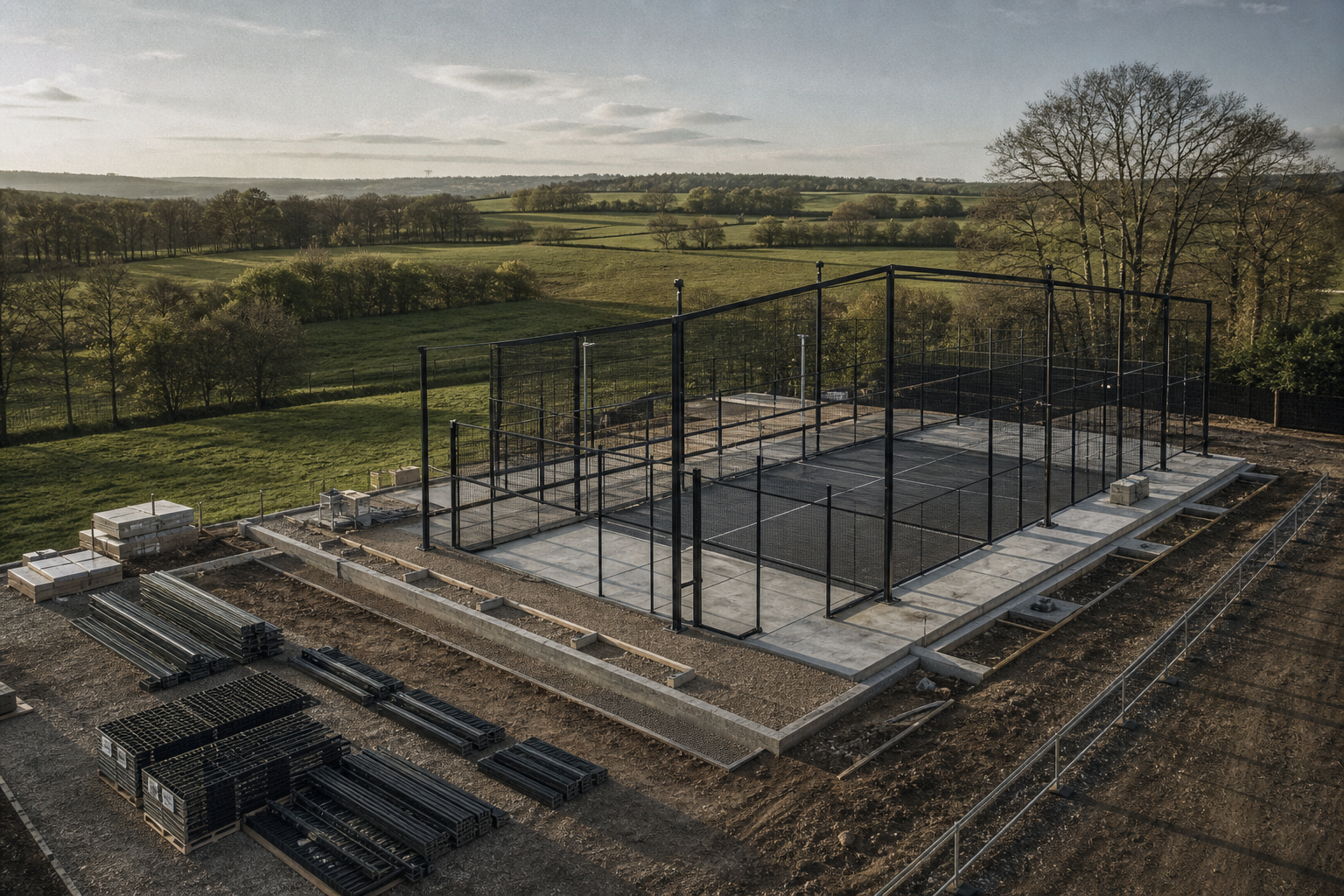 Padel court construction mid-programme with foundations and steel frame