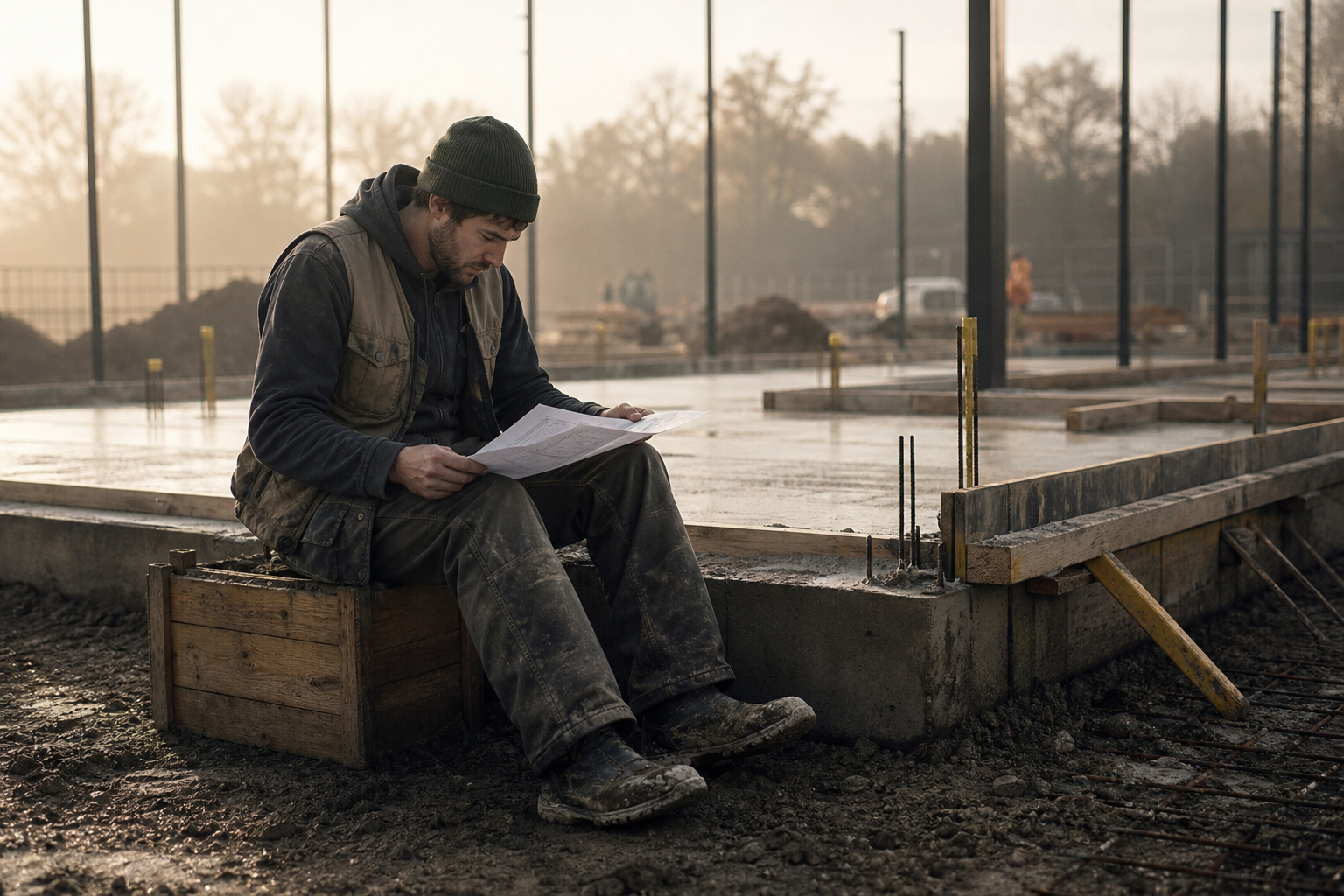 Builder reviewing drawings beside freshly poured padel court foundations
