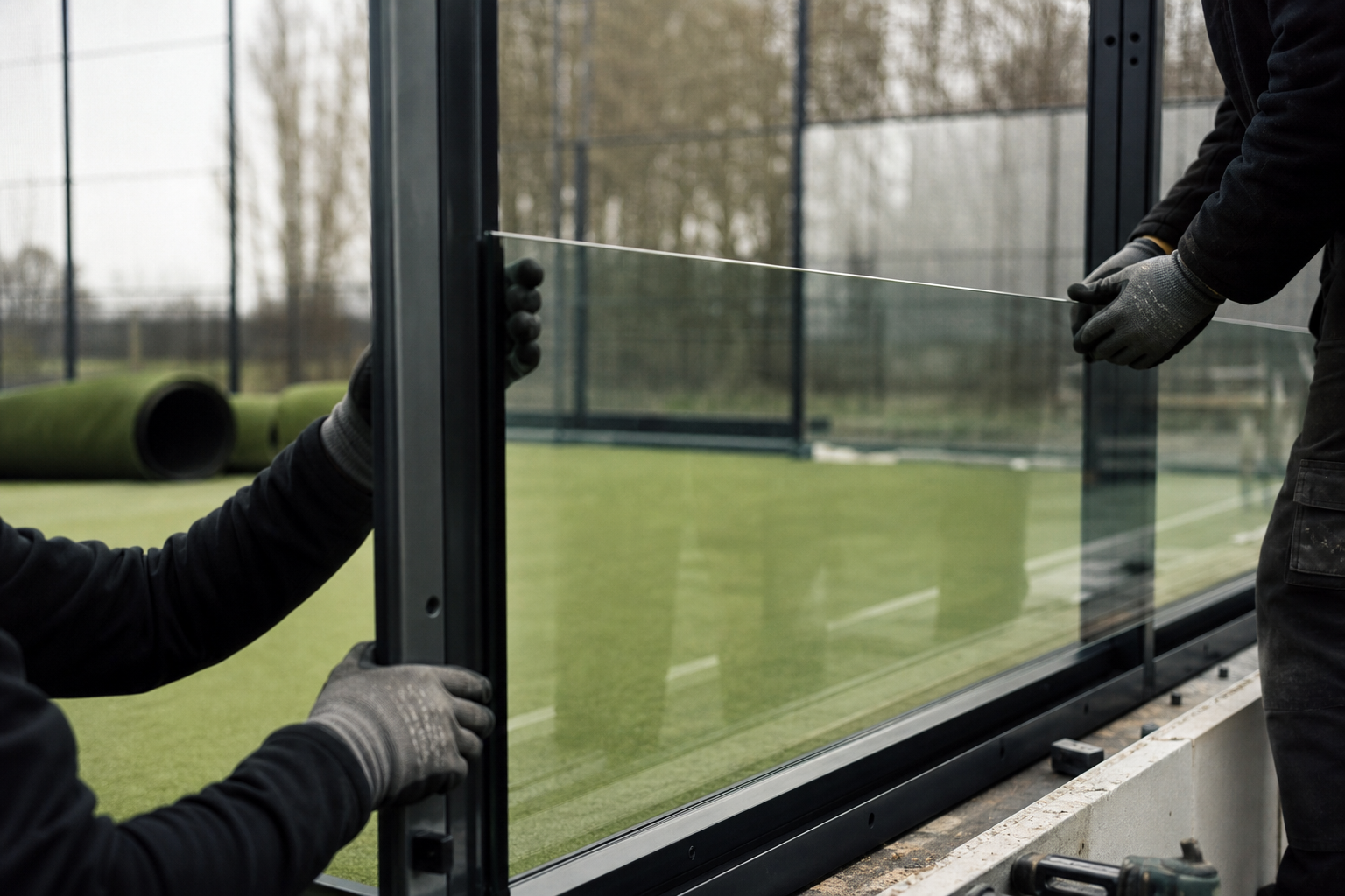 Tempered glass panels being installed into a padel court steel frame