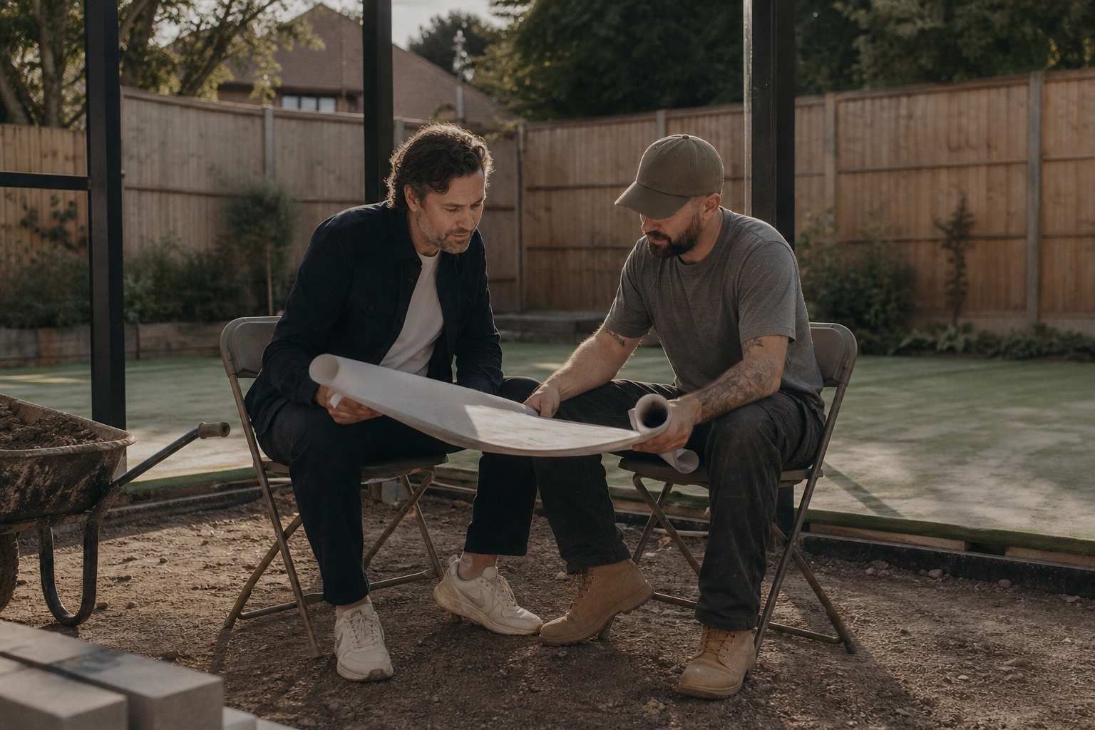 Architect and builder reviewing padel court plans on site