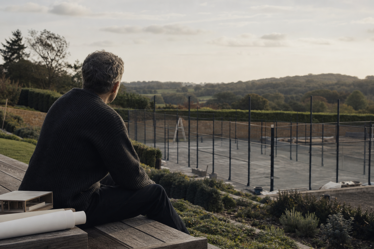 Architect reviewing a private estate padel court from a timber bench