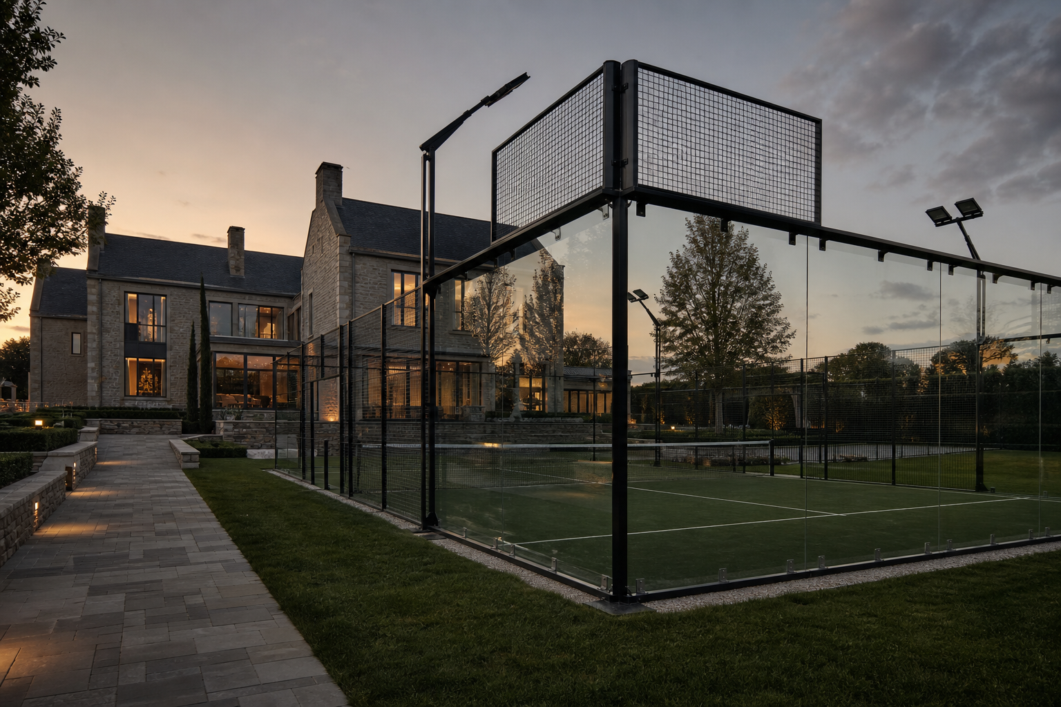 Luxury private estate padel court beside a contemporary UK home at dusk