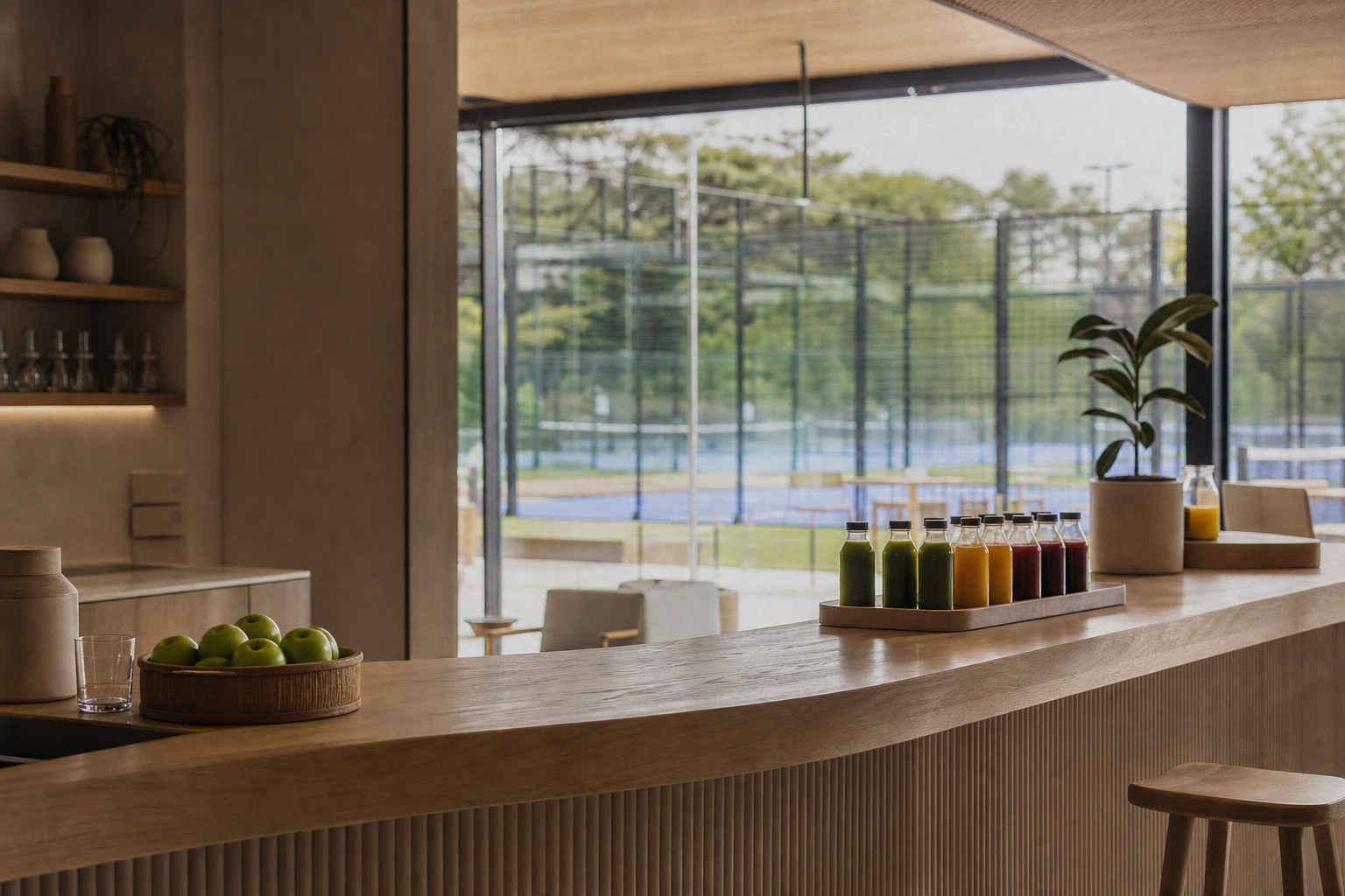 Padel club juice bar with courts visible through large windows