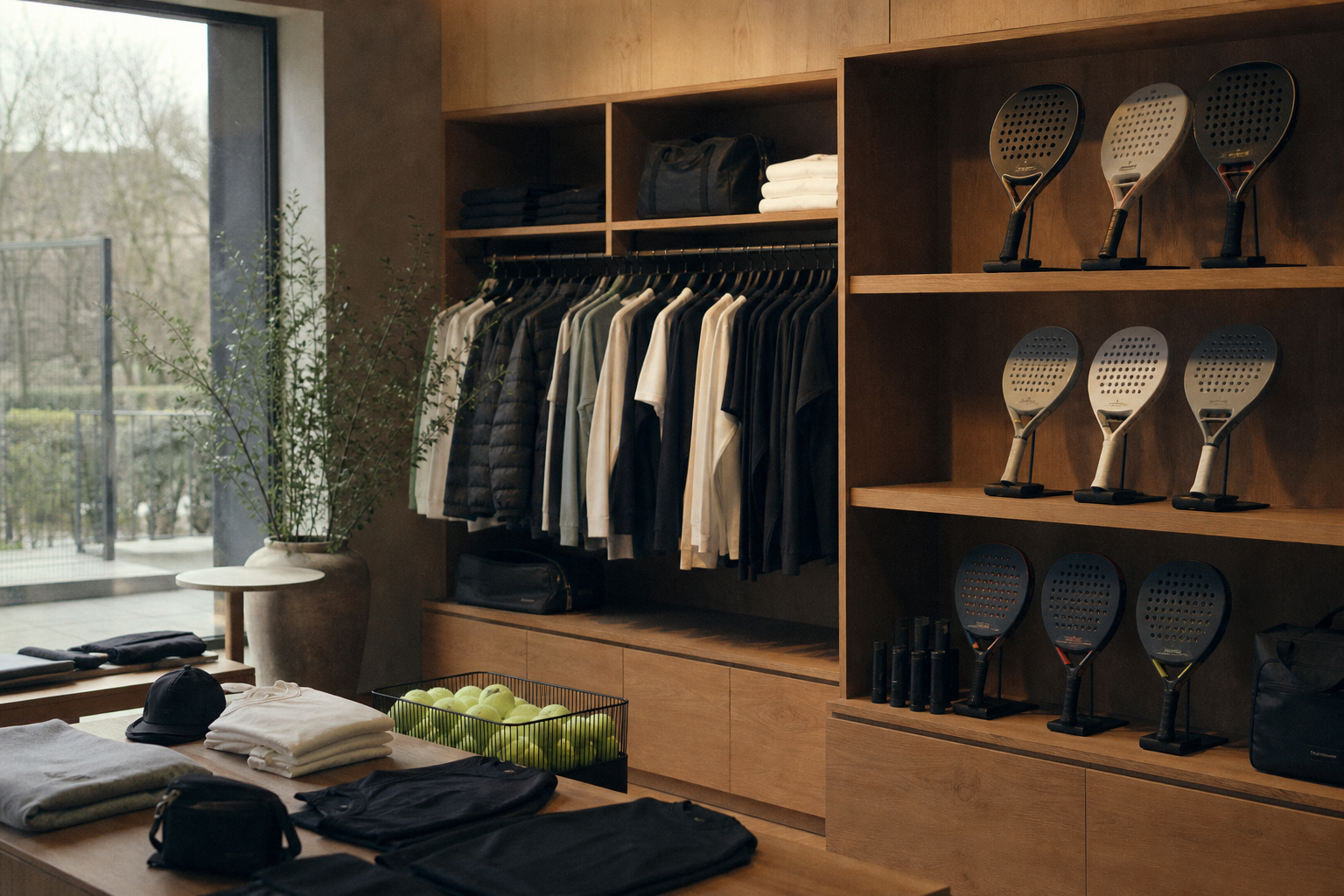 Curated padel club retail corner with rackets and apparel