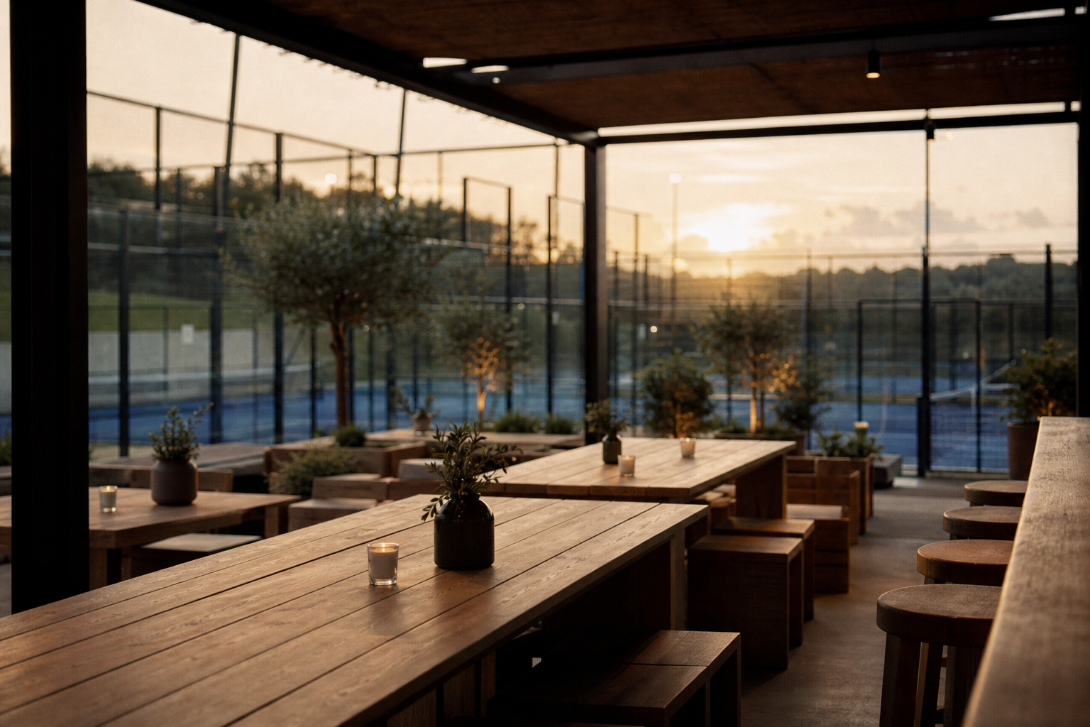 Outdoor terrace seating overlooking lit padel courts