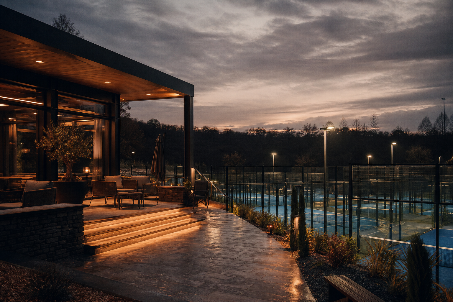 Multi-court padel club with warm clubhouse terrace at dusk