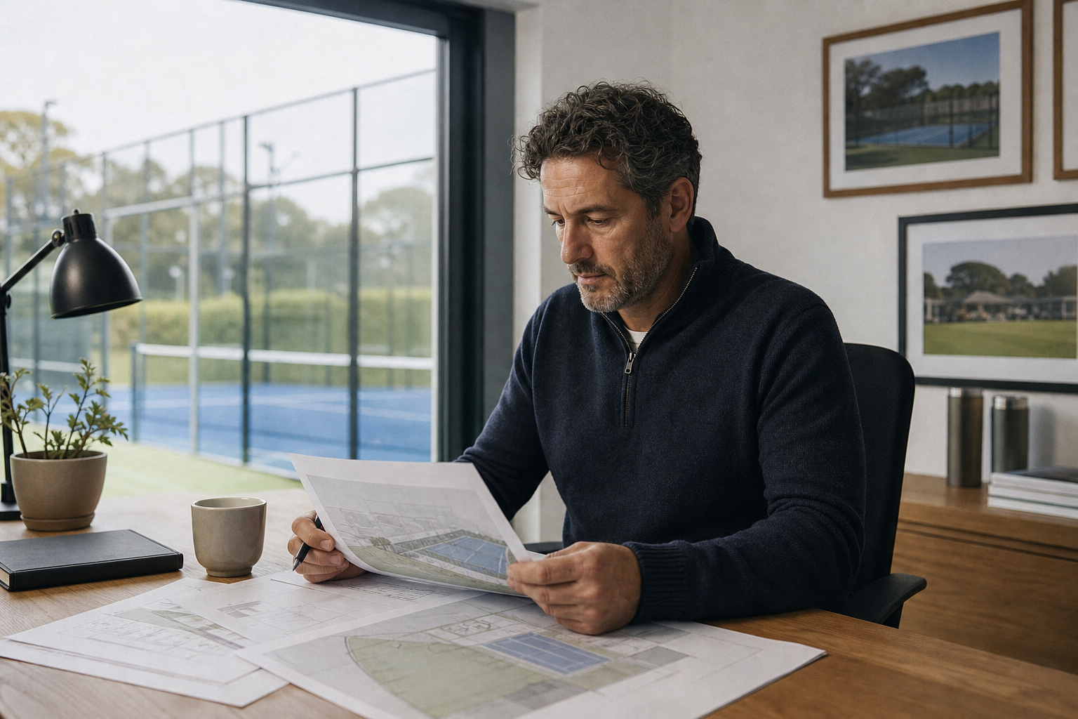 Sports facility manager reviewing padel court funding documents