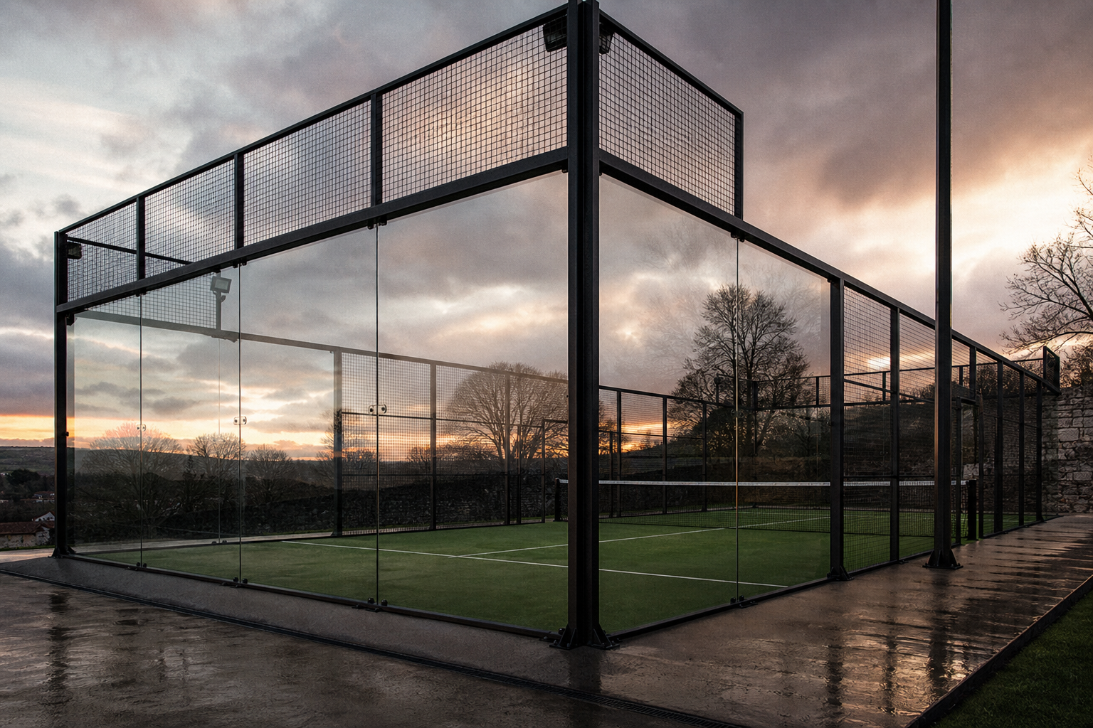 Premium outdoor padel court at dusk in the UK