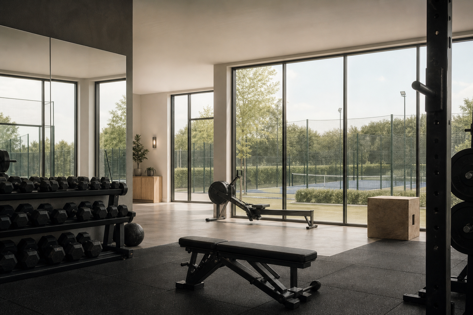 Minimal gym interior with windows overlooking outdoor padel courts