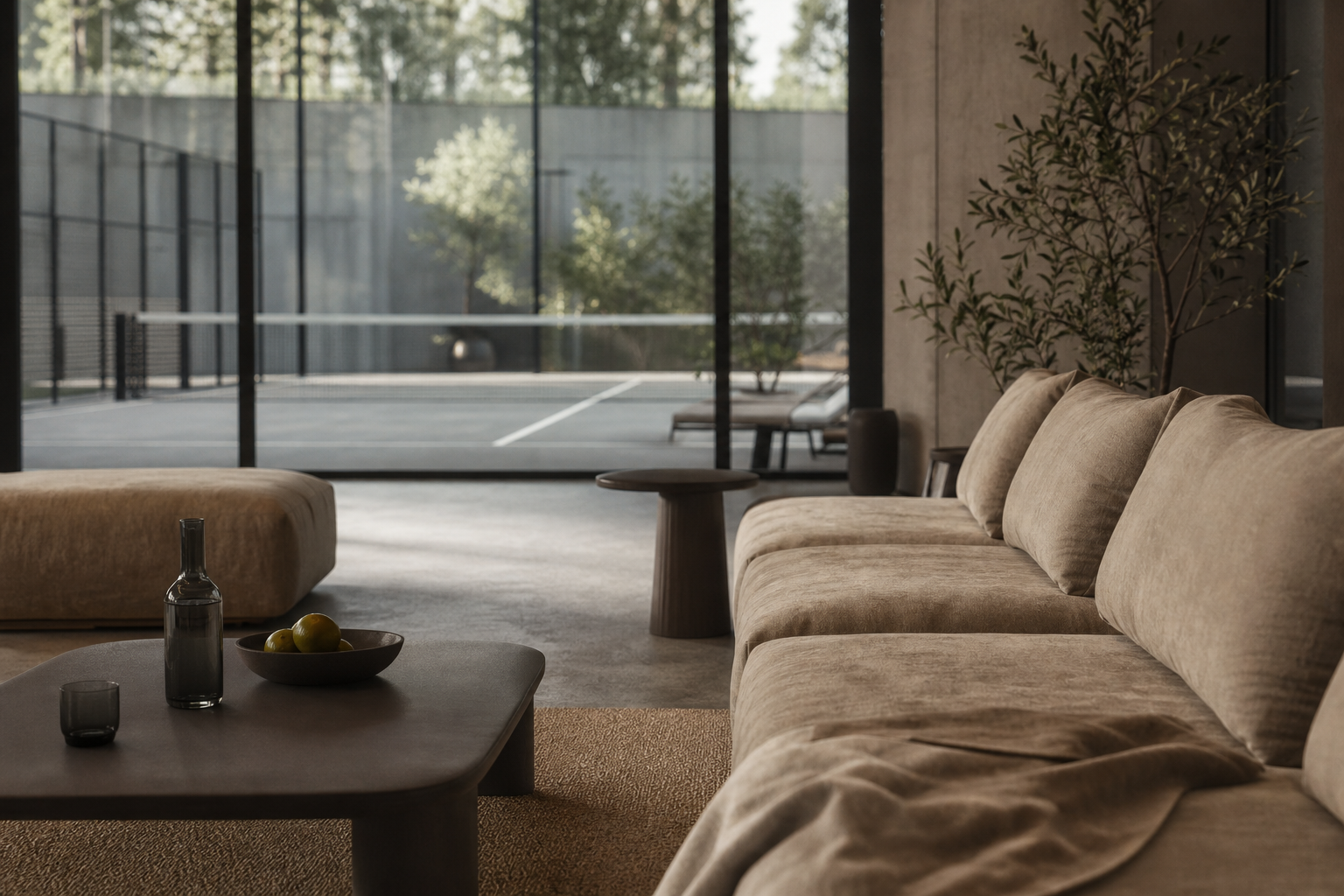 Calm recovery lounge at a padel and wellness club