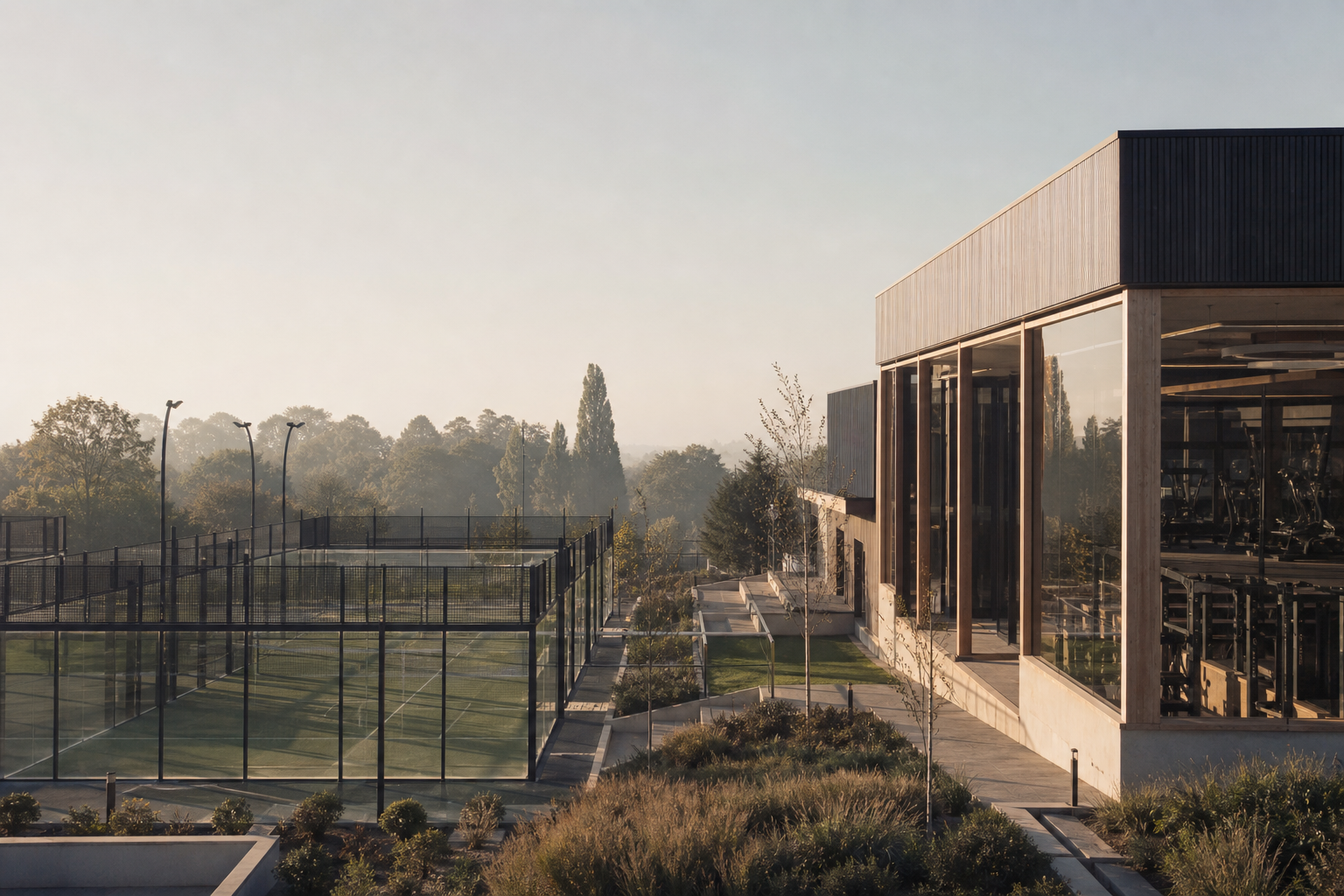 Padel courts beside a modern gym wing at a UK sports venue