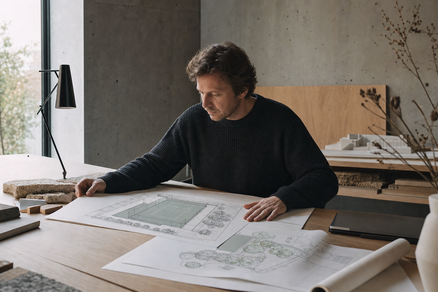 Architect reviewing padel court construction drawings at a studio desk