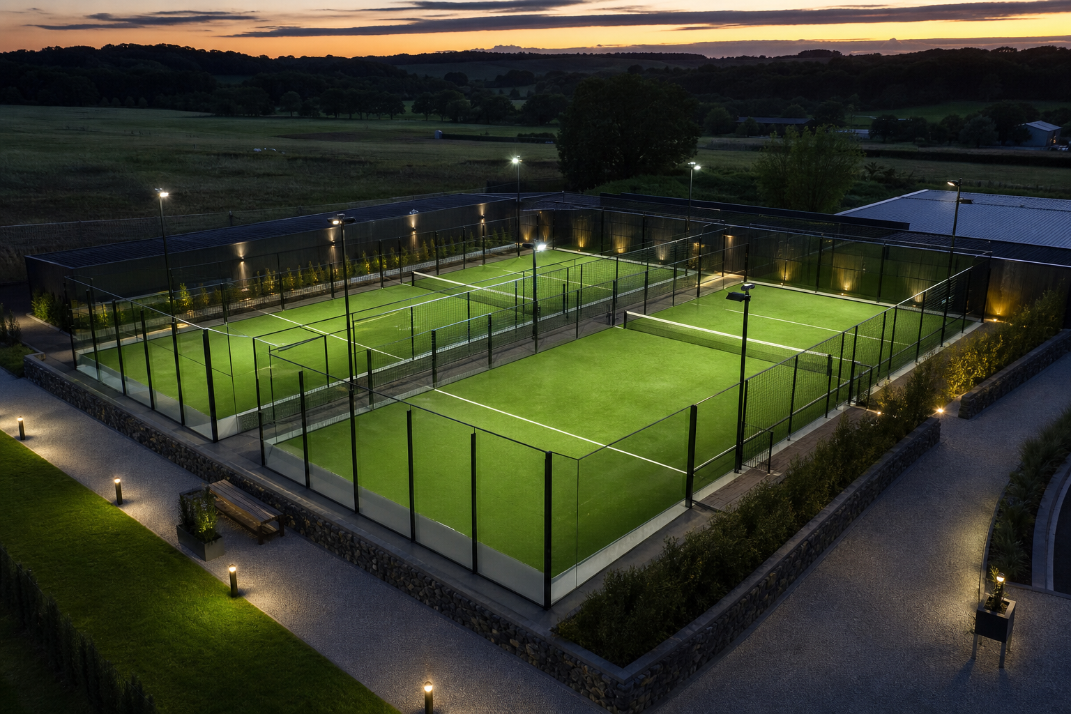 Club padel facility at dusk